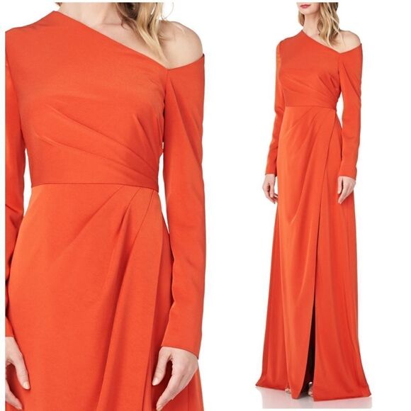 TANGERINE Prom Gown Kay Unger Long Sleeve  Asymmetrical Lined  Core NWT size 6 - Picture 1 of 9